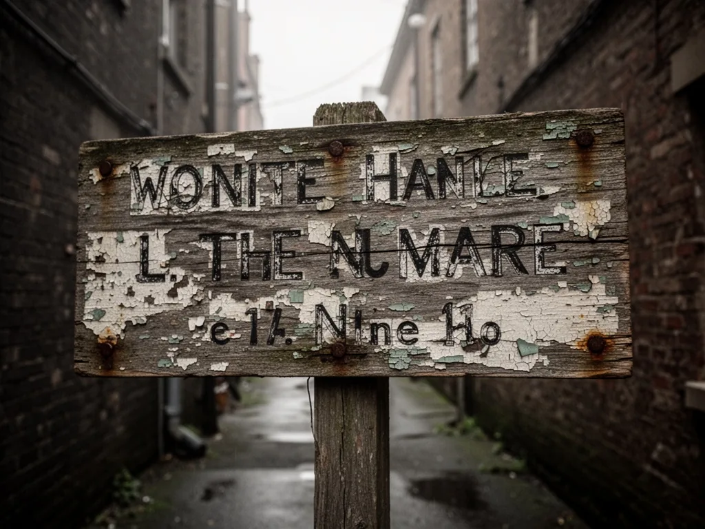 A weathered wooden sign with peeling layers of paint revealing old and new names, rusted nails, early morning overcast l