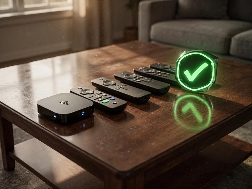 A neat row of streaming device remotes on a polished coffee table, a glowing green checkmark badge beside them, warm aft