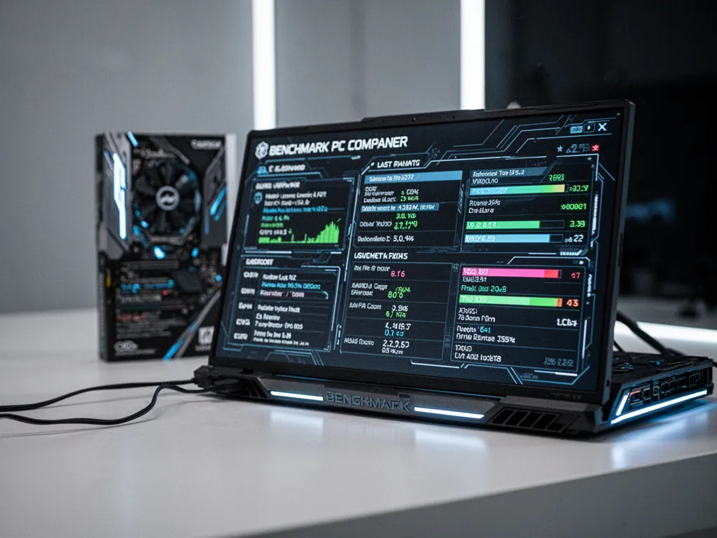 Bureau avec PC ouvert, affichant un écran de test de performance graphique