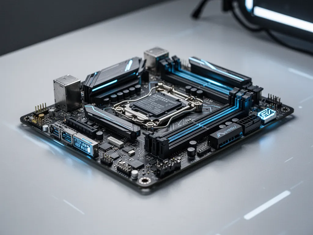 Vue rapprochée d'une carte mère avec sockets, connecteurs et slots mémoire