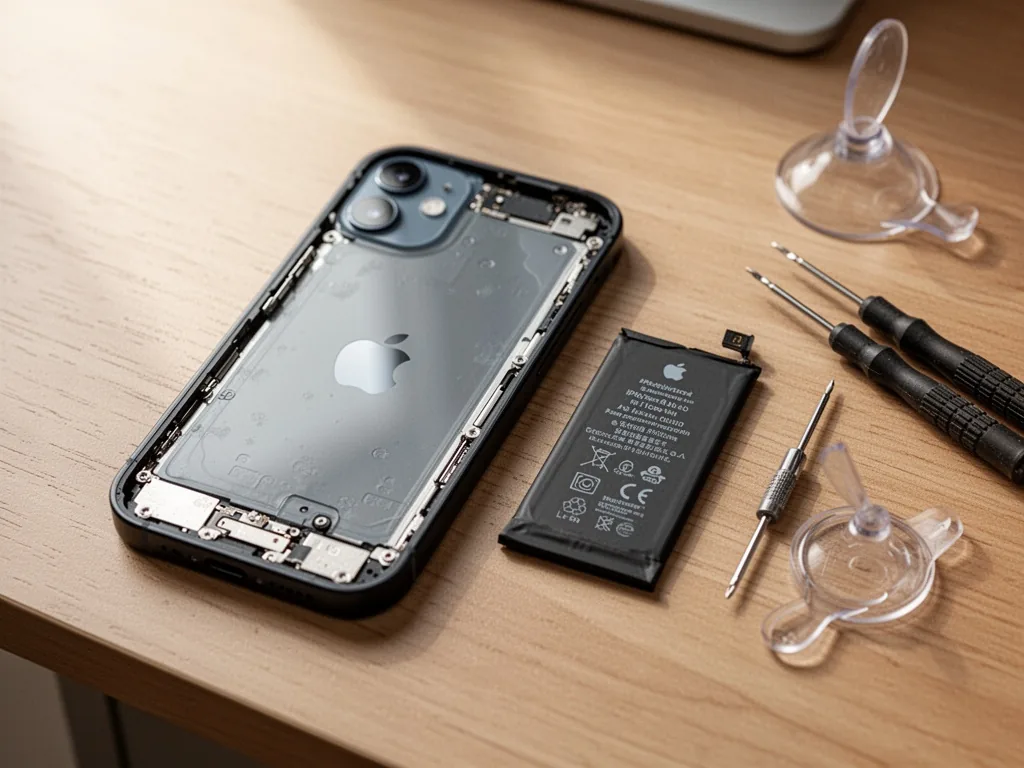 An iPhone 12 mini with back cover removed, a new battery beside it on a wooden desk, small screwdrivers and suction cup,