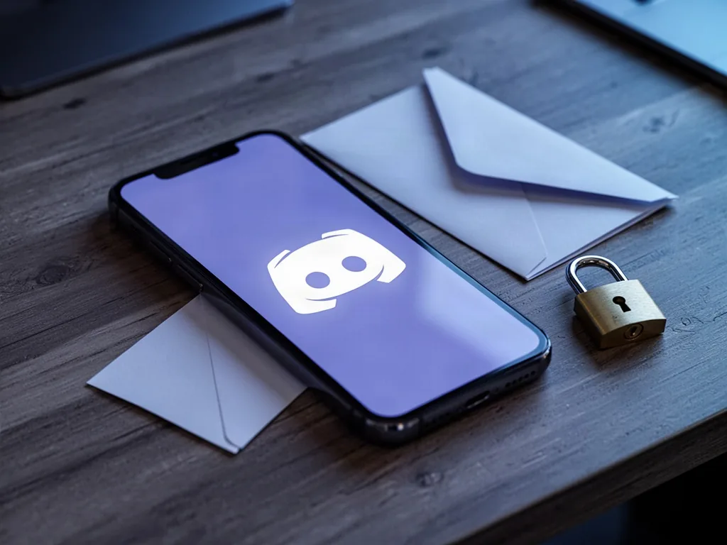 A smartphone lying on a wooden desk, Discord logo glowing on screen, a closed envelope and a small padlock beside it, co