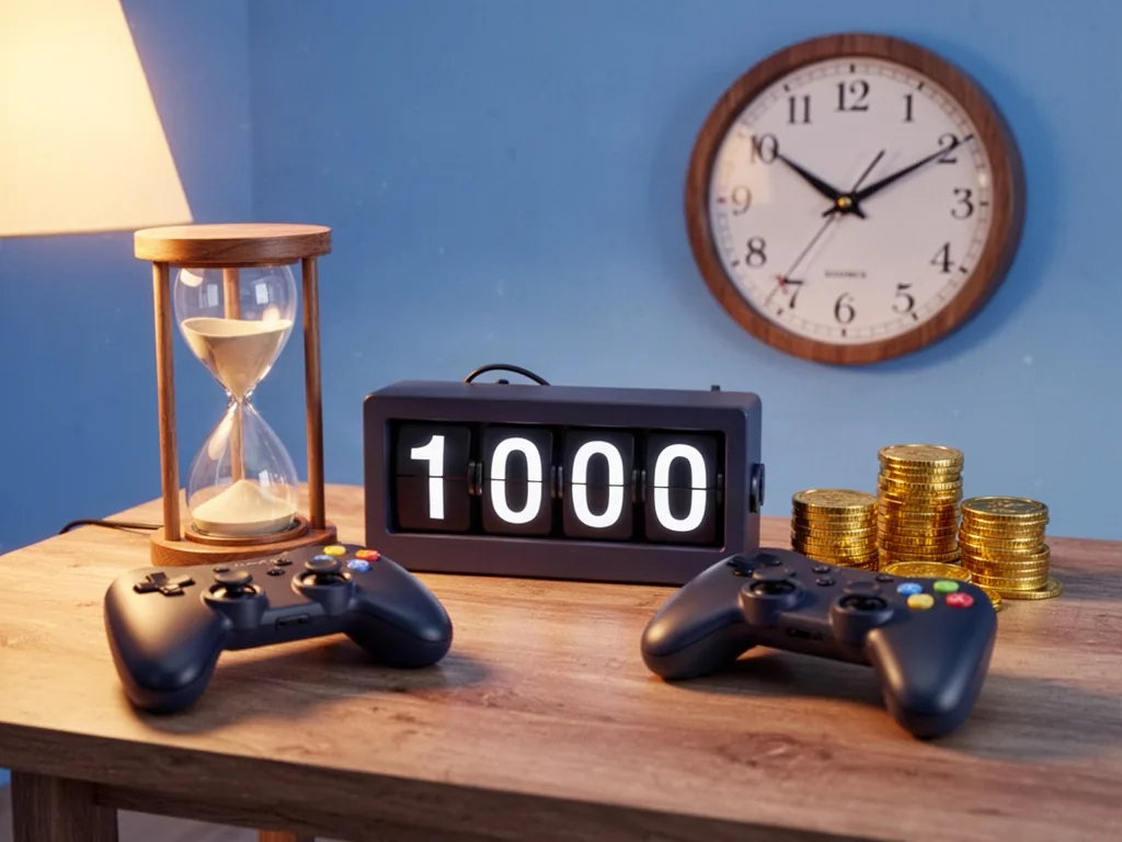 A digital counter display showing 10000 on a wooden table beside a game controller, an hourglass, golden coins, a wall c