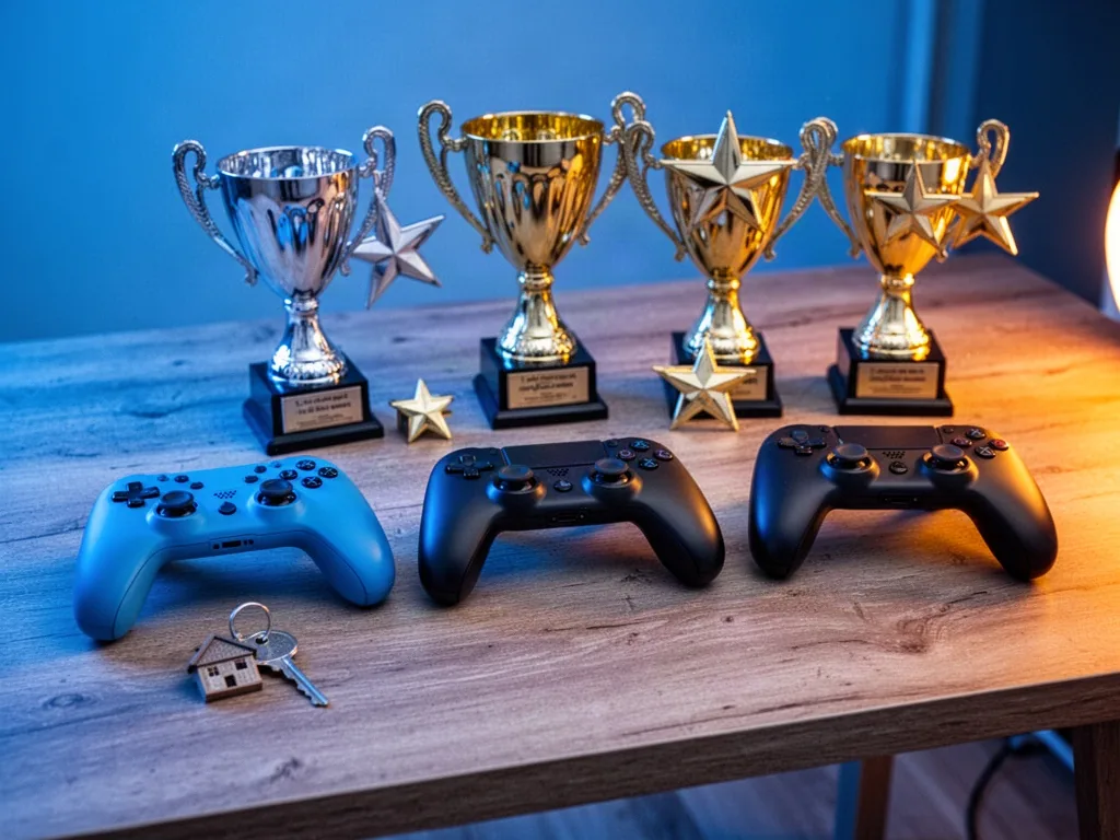 A wooden table with three game controllers arranged in a row, one blue controller beside a small house key, two other co