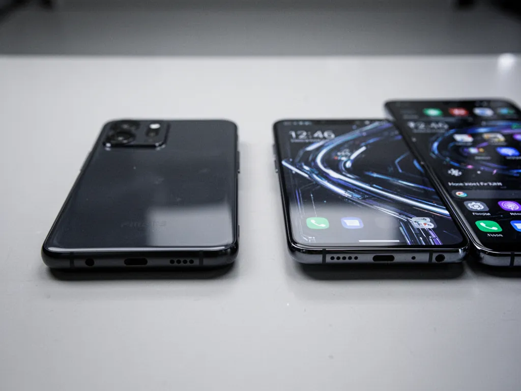 Vue rapprochée d'un téléphone posé sur une table, montrant l'écran et la caméra