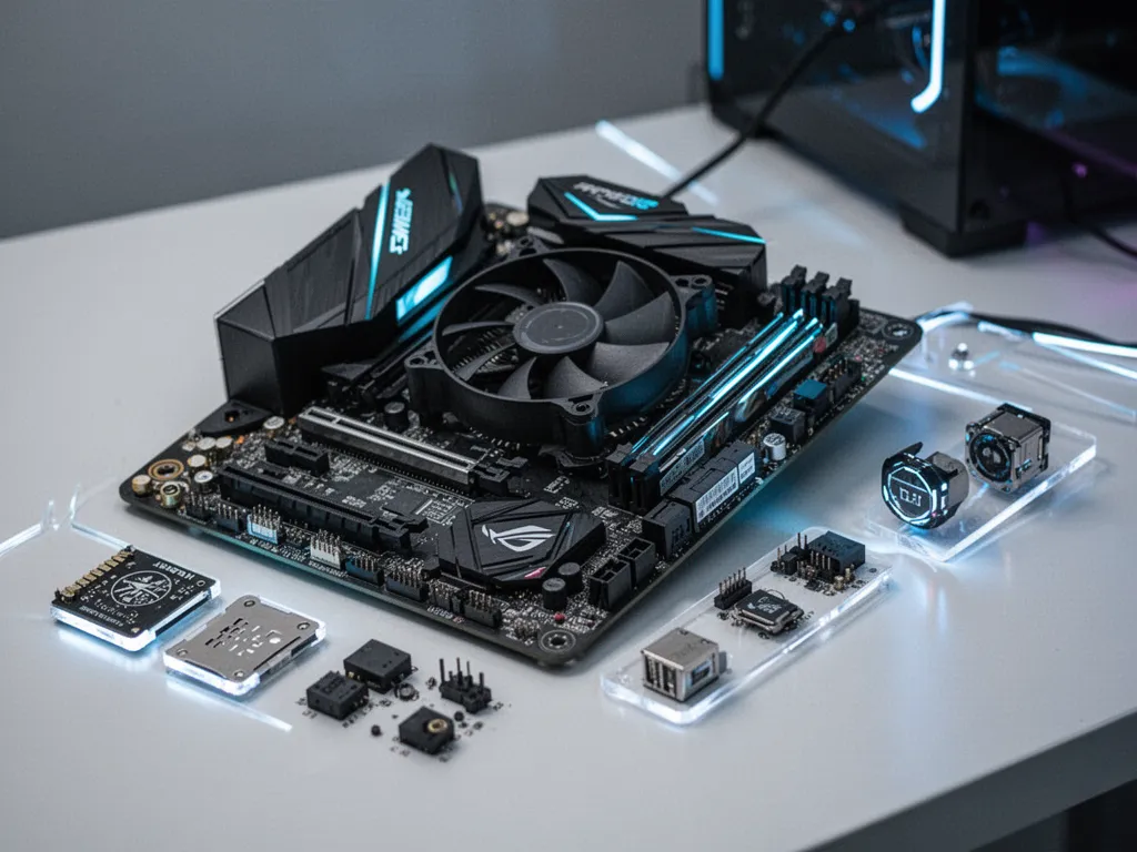 Gros plan d'une carte mère avec carte graphique et modules de ram installés