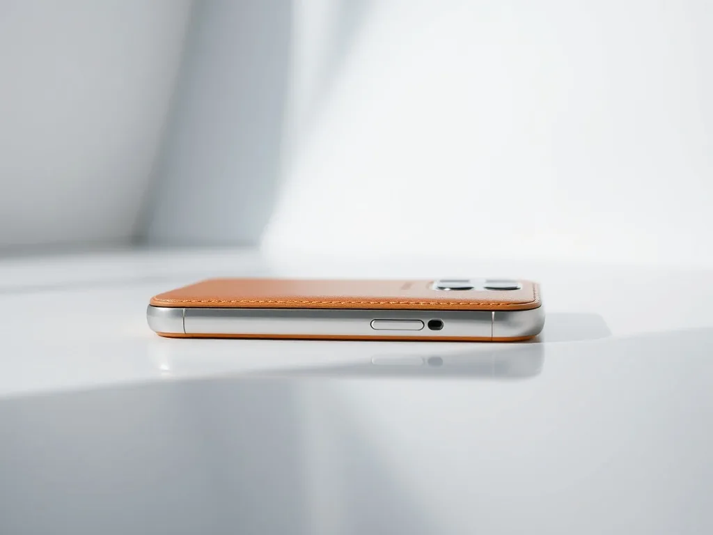 Gros plan sur une coque en cuir brun posée sur un iPhone 15 Pro, coutures apparentes et boutons métalliques.