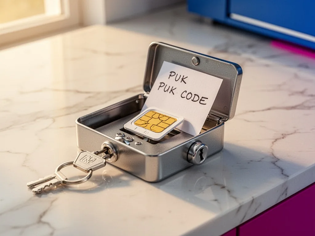 A SIM card placed inside a small metal key safe with a handwritten PUK code note on a marble counter, warm afternoon lig
