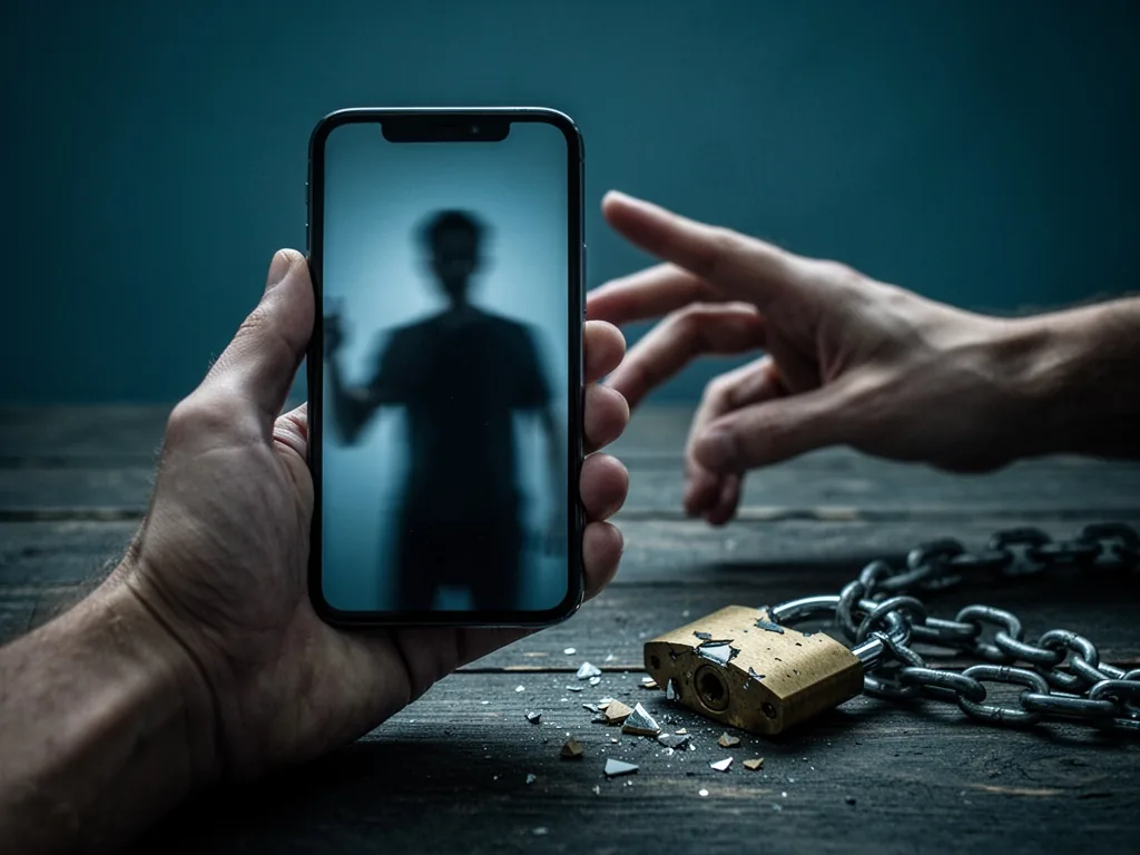 A hand holding a smartphone with a blurred silhouette of a stranger reaching toward the screen, a broken padlock and cha