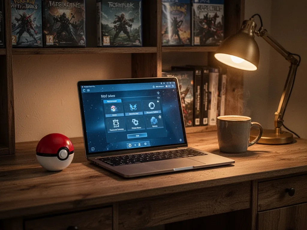 A wooden desk with a laptop open to mod selection screen, a Pokéball figurine beside a coffee mug, shelves with game box