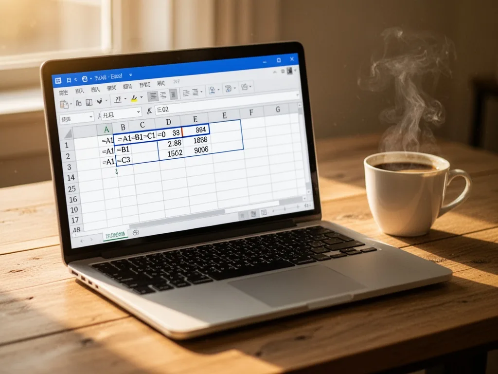 A laptop screen on a wooden desk displaying an Excel spreadsheet, a formula bar reading =A1-B1-C1, highlighted cells wit