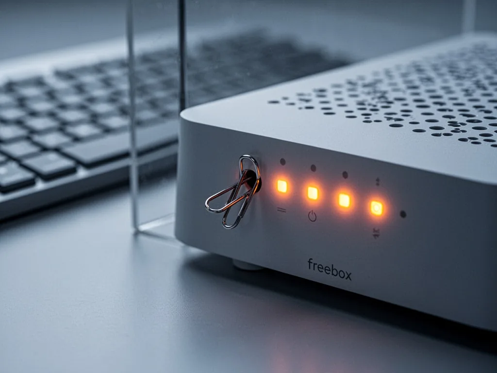 A small paperclip inserted into the reset hole of a Freebox Pop, the router's front LEDs glowing orange, blurred keyboar