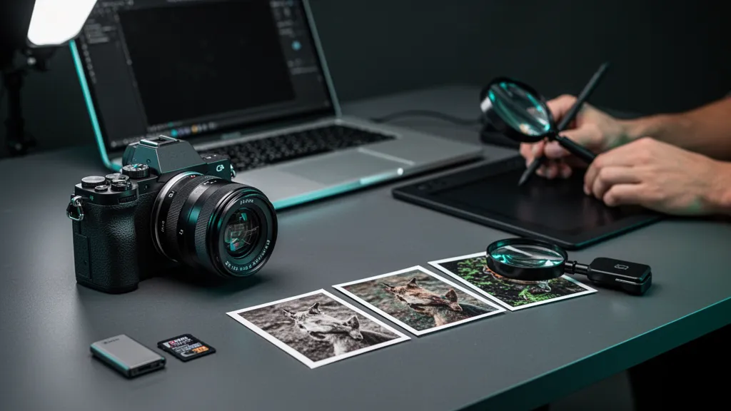 Montage d'interface de retouche avec panneaux de réglages et aperçu avant/après