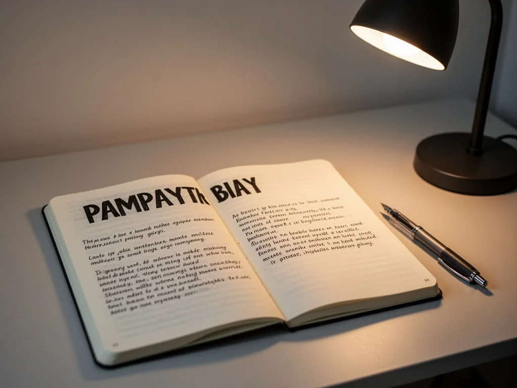 A notebook open with handwritten bold headings and plain body text, a pen resting beside, warm desk lamp glow, tidy work