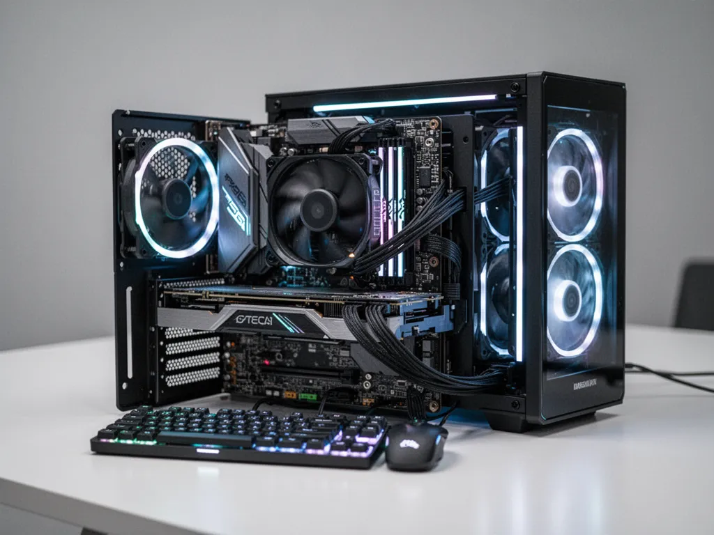 Composants PC sur une table : carte mère, processeur, barrette de RAM et SSD
