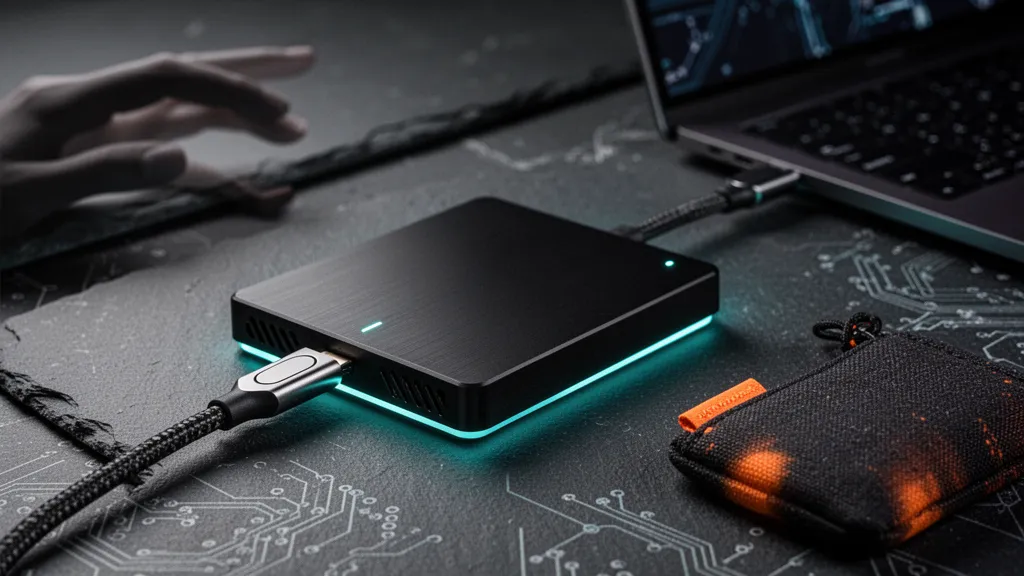 Gros plan sur un SSD externe compact posé sur un bureau avec un câble USB