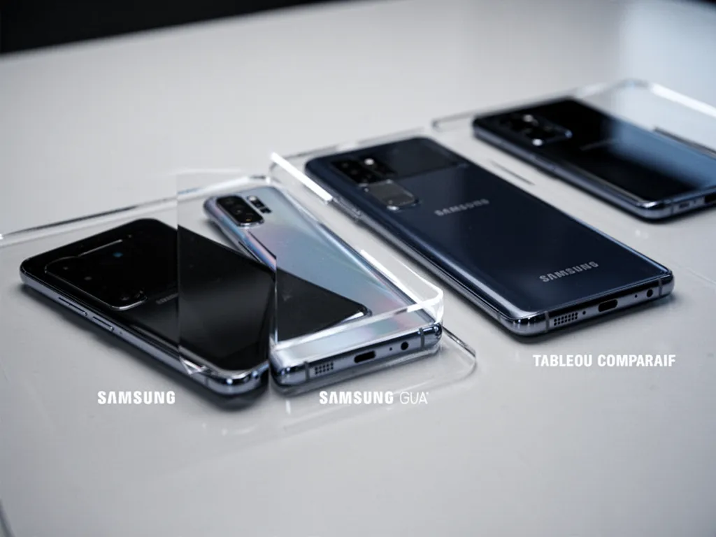 Main image : plusieurs Samsung Galaxy alignés, dos noir, bleu, gris et argent