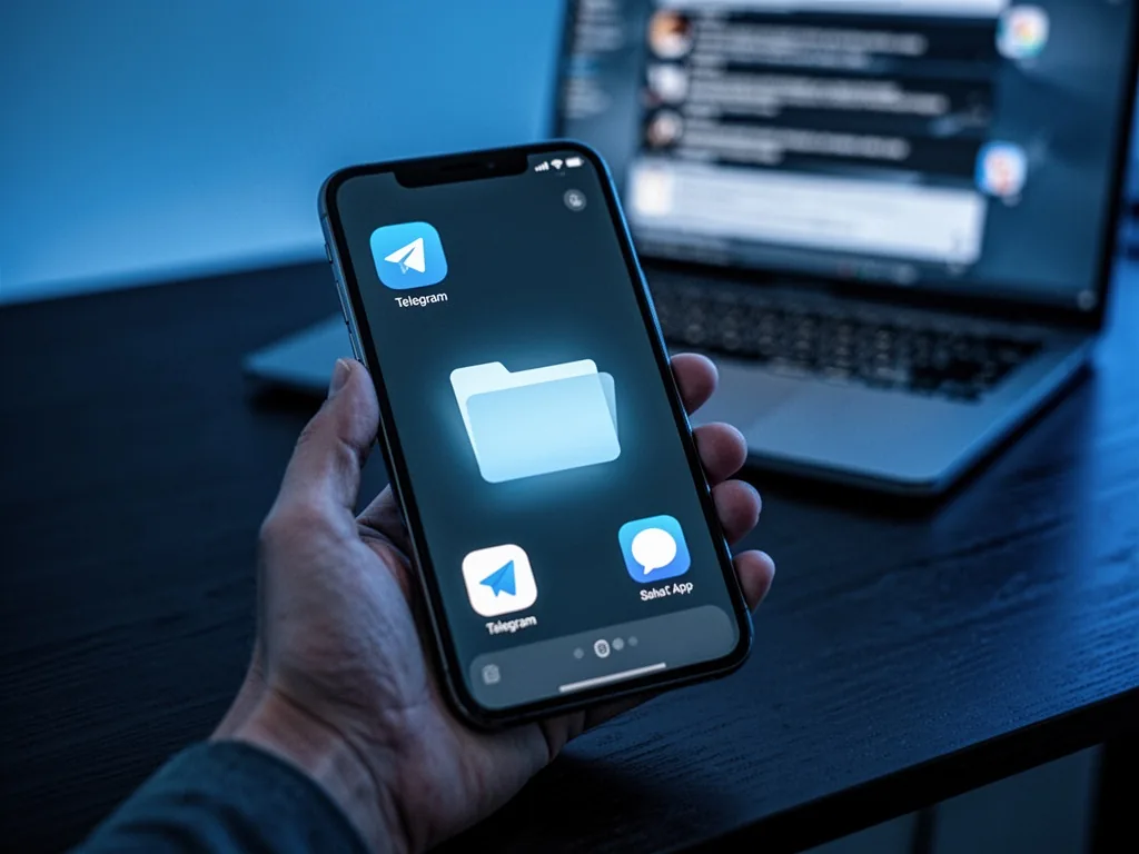 A hand holding a smartphone with Telegram and two other chat app icons, a glowing open folder icon on screen, dark woode